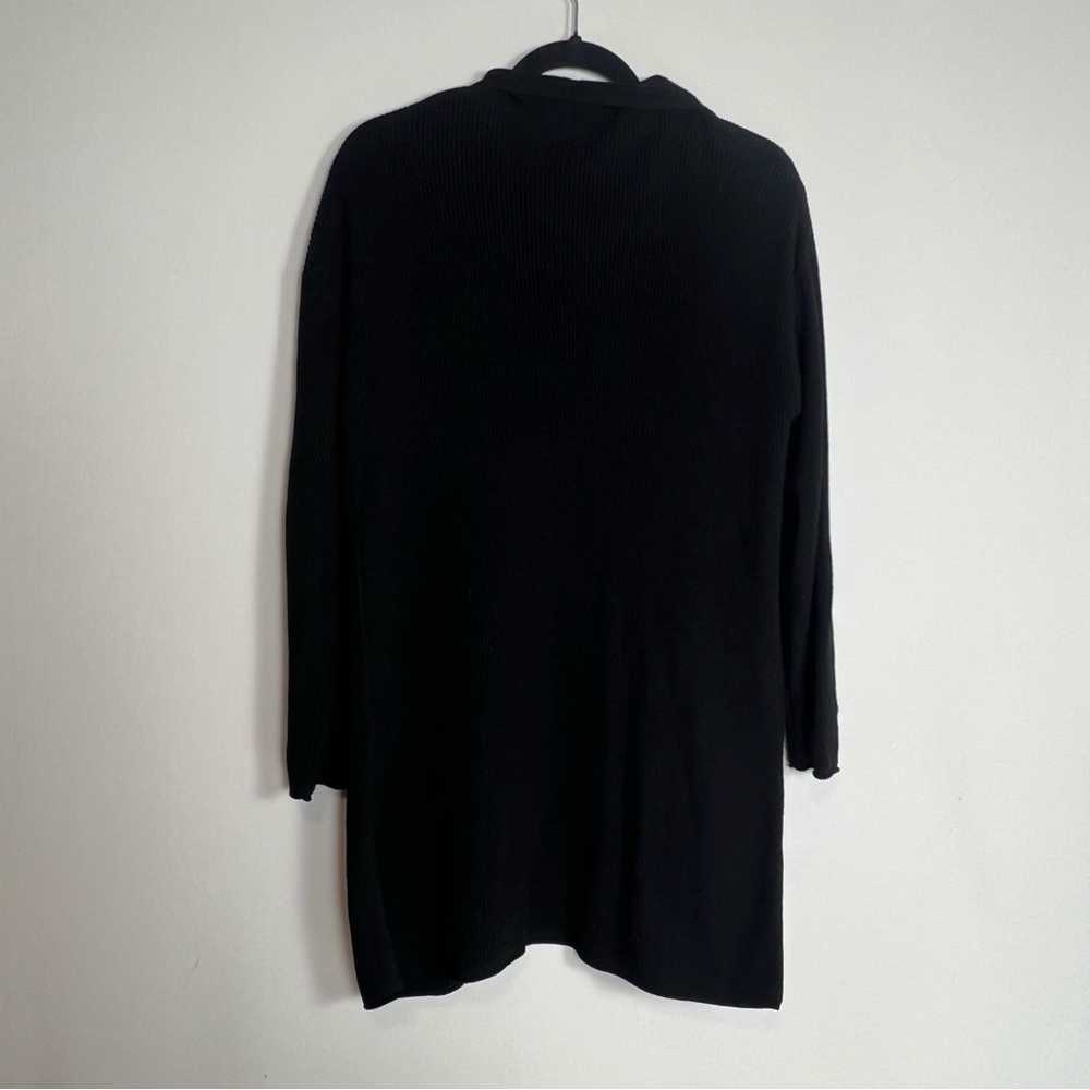 Tahari Black Ribbed Knit Tunic Length Open Front Cardigan Sweater Pockets Medi - Picture 2 of 7